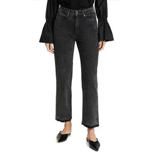 NWT $229 Paige Sarah Straight Ankle Black Denim Jean - Distressed Frayed Hem